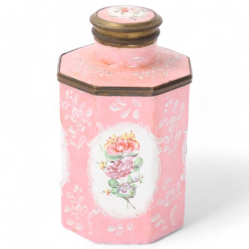 821 - 18th century Battersea Enamel tea caddy of octagonal form, with painted enamel floral panels on pink... 