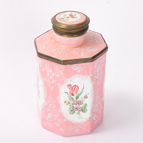 821 - 18th century Battersea Enamel tea caddy of octagonal form, with painted enamel floral panels on pink... 