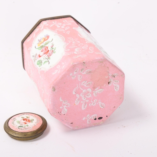 821 - 18th century Battersea Enamel tea caddy of octagonal form, with painted enamel floral panels on pink... 