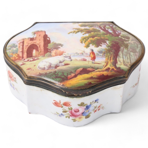 822 - 18th century Battersea Enamel box, the lid having a painted enamel scene depicting cattle and figure... 