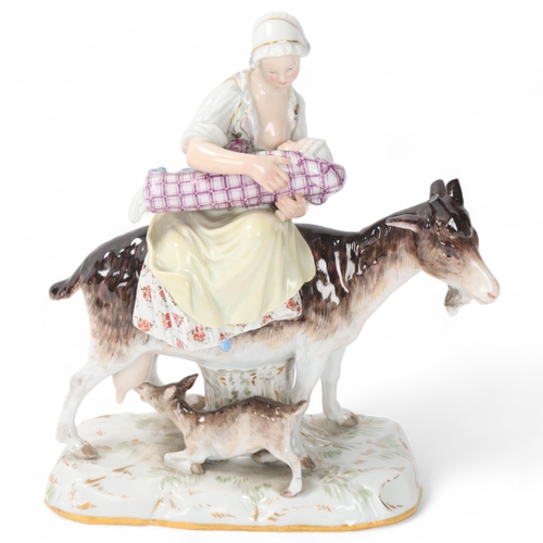 824 - 19th century Meissen porcelain figure of woman and infant on a goat, height 17cm