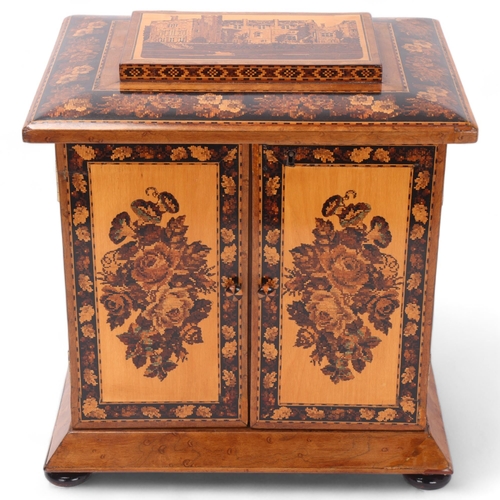 827 - A fine quality 19th century Tunbridge Ware table cabinet, the lid depicting a view of the Solar and ... 