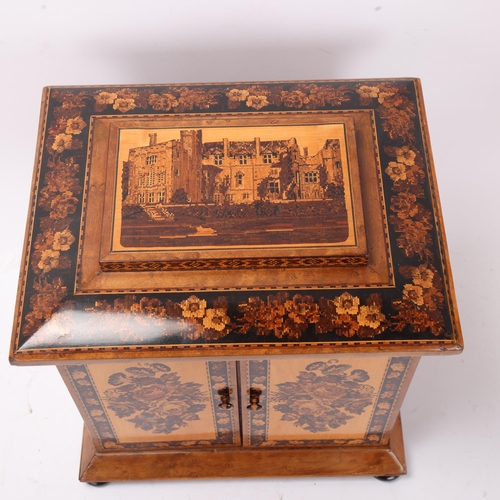 827 - A fine quality 19th century Tunbridge Ware table cabinet, the lid depicting a view of the Solar and ... 