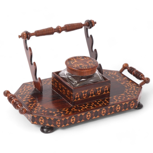 829 - Victorian Tunbridge Ware and rosewood desk stand, with parquetry inlaid banding and glass inkwell, c... 