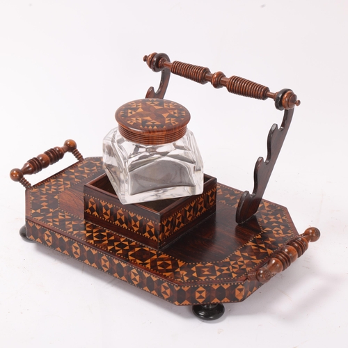 829 - Victorian Tunbridge Ware and rosewood desk stand, with parquetry inlaid banding and glass inkwell, c... 