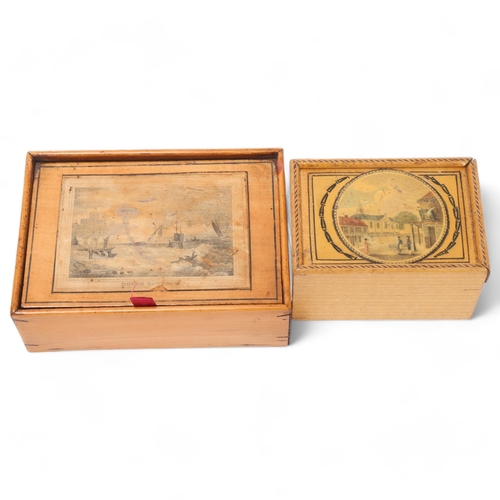 831 - 2 Georgian Whitewood boxes with printed lids, 1 depicting Dover Harbour, width 13cm, labelled Squier... 