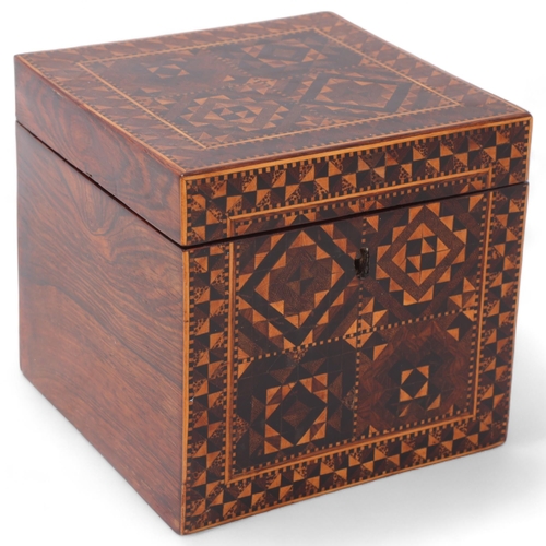 834 - Early 19th century Tunbridge Ware tea caddy, circa 1840, with cube parquetry inlay and inner lid, wi... 