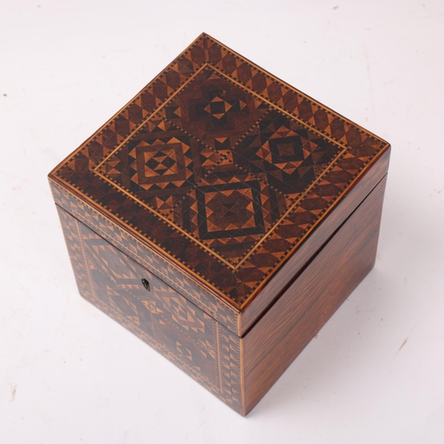 834 - Early 19th century Tunbridge Ware tea caddy, circa 1840, with cube parquetry inlay and inner lid, wi... 