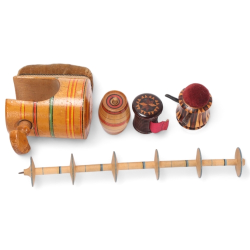 838 - A group of 5 x 19th century Tunbridge Ware and Whitewood items, comprising a Stick Ware pin cushion ... 