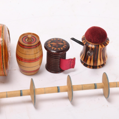 838 - A group of 5 x 19th century Tunbridge Ware and Whitewood items, comprising a Stick Ware pin cushion ... 