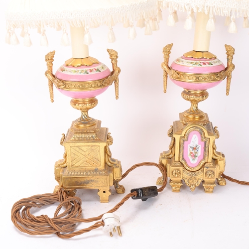 702 - Pair of French ormolu and porcelain table lamps, circa 1900, with hand painted panels depicting bird... 