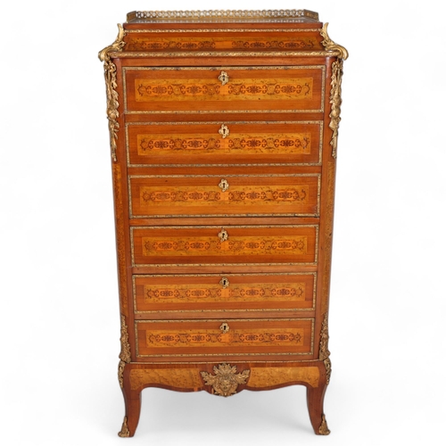 705 - An ornate French mahogany and marquetry inlaid writing cabinet, circa 1900, brass galleried top with... 