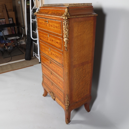 705 - An ornate French mahogany and marquetry inlaid writing cabinet, circa 1900, brass galleried top with... 