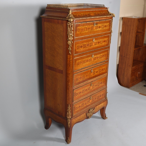 705 - An ornate French mahogany and marquetry inlaid writing cabinet, circa 1900, brass galleried top with... 