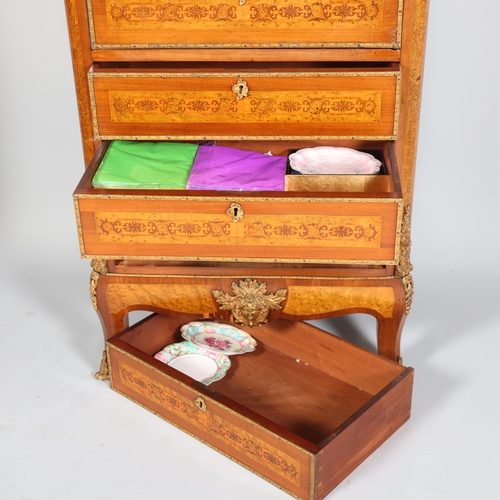 705 - An ornate French mahogany and marquetry inlaid writing cabinet, circa 1900, brass galleried top with... 