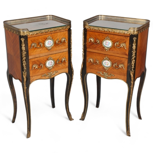 710 - A pair of French walnut 2-drawer bedside chests, inset porcelain plaques to the drawer fronts, brass... 