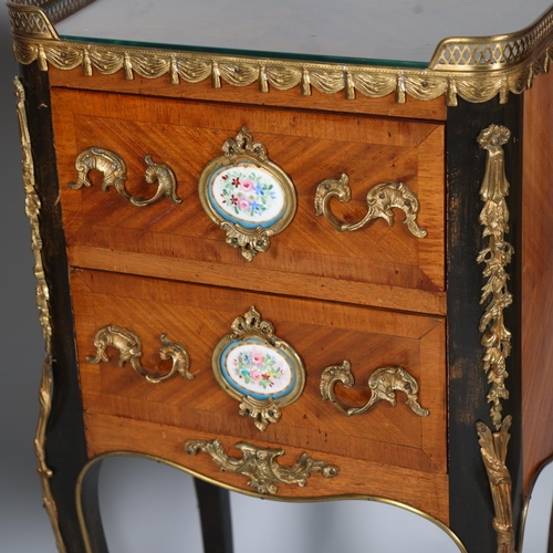 710 - A pair of French walnut 2-drawer bedside chests, inset porcelain plaques to the drawer fronts, brass... 