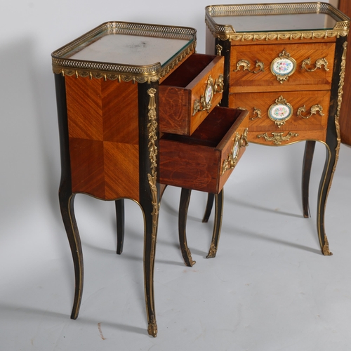 710 - A pair of French walnut 2-drawer bedside chests, inset porcelain plaques to the drawer fronts, brass... 