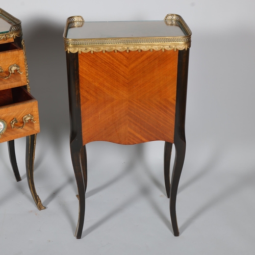 710 - A pair of French walnut 2-drawer bedside chests, inset porcelain plaques to the drawer fronts, brass... 