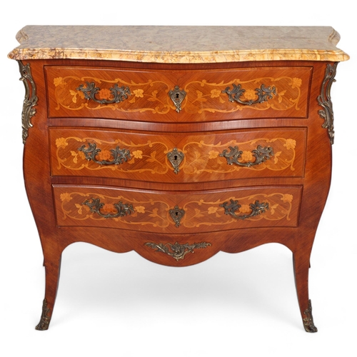 848 - A French marble-topped 3-drawer commode, with inlaid marquetry and ormolu mounts, width 105cm