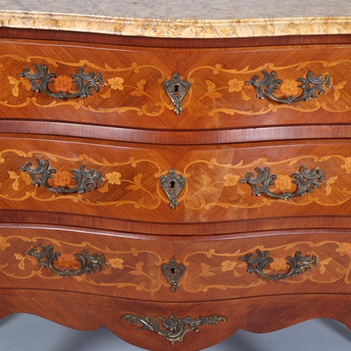 848 - A French marble-topped 3-drawer commode, with inlaid marquetry and ormolu mounts, width 105cm