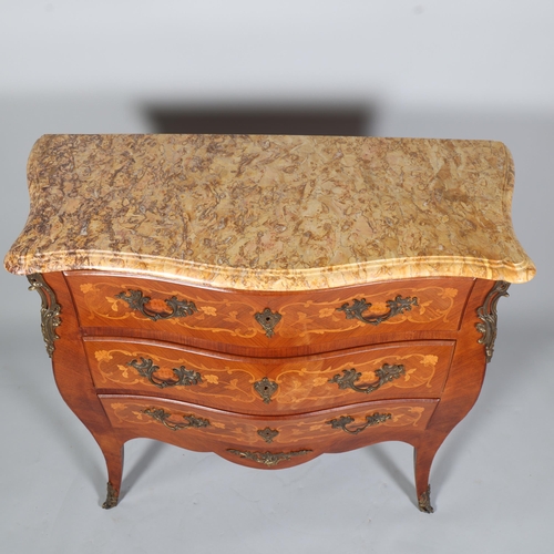 848 - A French marble-topped 3-drawer commode, with inlaid marquetry and ormolu mounts, width 105cm