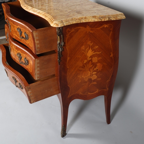 848 - A French marble-topped 3-drawer commode, with inlaid marquetry and ormolu mounts, width 105cm