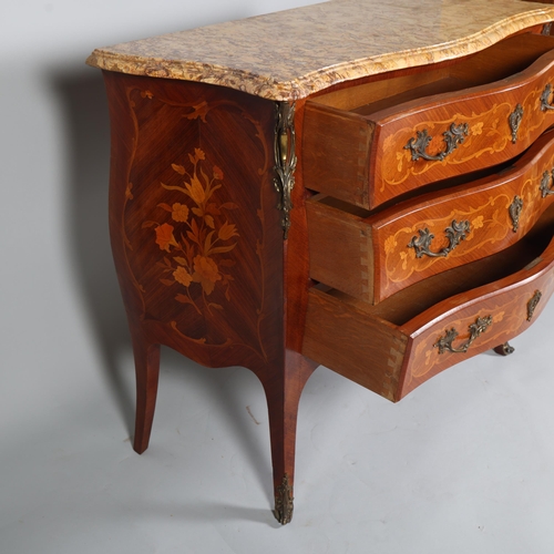 848 - A French marble-topped 3-drawer commode, with inlaid marquetry and ormolu mounts, width 105cm