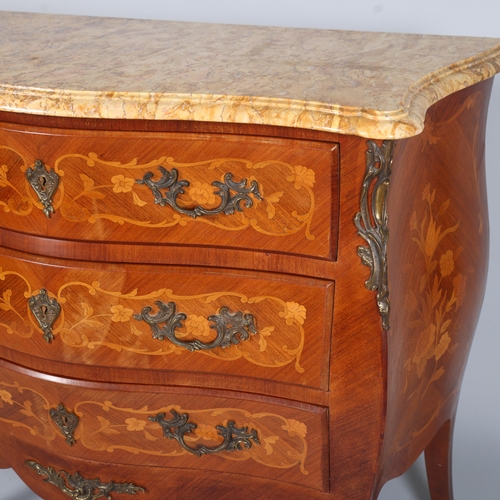 848 - A French marble-topped 3-drawer commode, with inlaid marquetry and ormolu mounts, width 105cm