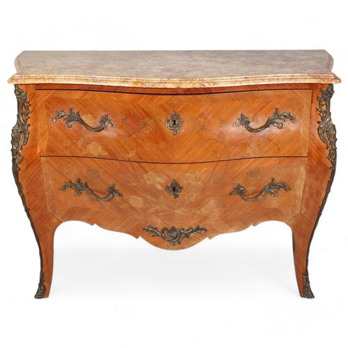 849 - A French marble-topped 2-drawer commode, with inlaid marquetry and ormolu mounts, width 124cm