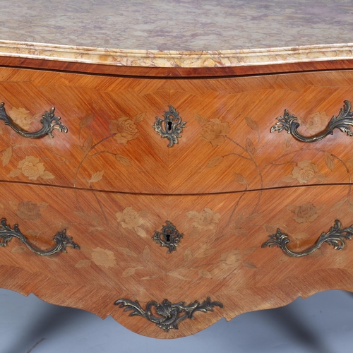 849 - A French marble-topped 2-drawer commode, with inlaid marquetry and ormolu mounts, width 124cm