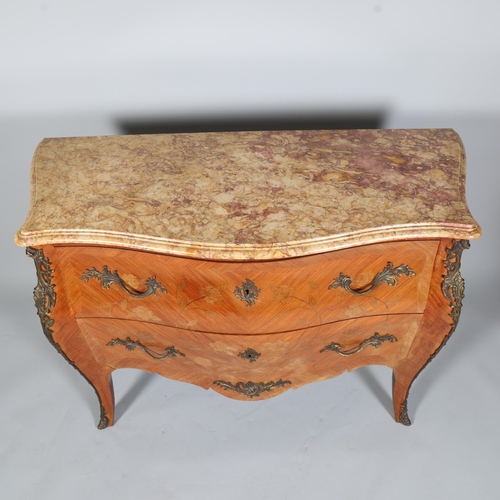 849 - A French marble-topped 2-drawer commode, with inlaid marquetry and ormolu mounts, width 124cm