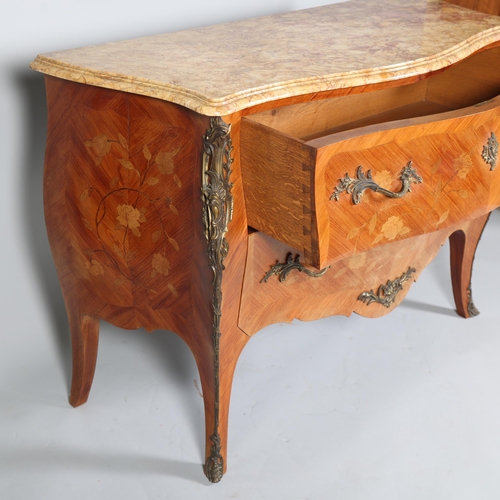 849 - A French marble-topped 2-drawer commode, with inlaid marquetry and ormolu mounts, width 124cm