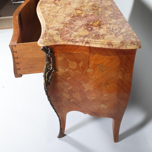 849 - A French marble-topped 2-drawer commode, with inlaid marquetry and ormolu mounts, width 124cm