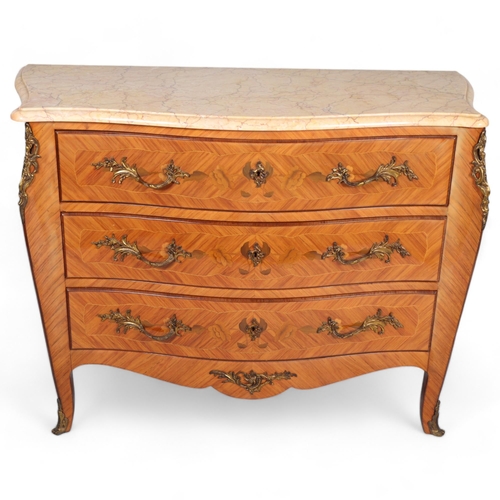 853 - A French marble-topped 3-drawer commode, with inlaid drawer fronts, width 112cm