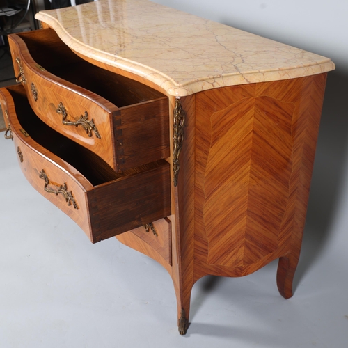 853 - A French marble-topped 3-drawer commode, with inlaid drawer fronts, width 112cm