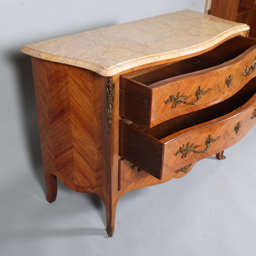 853 - A French marble-topped 3-drawer commode, with inlaid drawer fronts, width 112cm