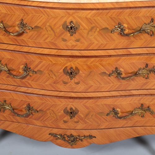 853 - A French marble-topped 3-drawer commode, with inlaid drawer fronts, width 112cm