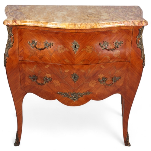 854 - A French marble-topped 3-drawer commode, with inlaid drawer fronts, width 87cm