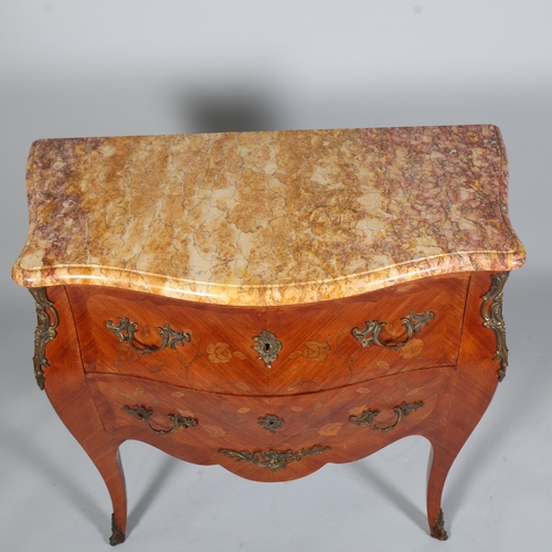 854 - A French marble-topped 3-drawer commode, with inlaid drawer fronts, width 87cm