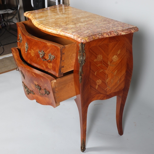 854 - A French marble-topped 3-drawer commode, with inlaid drawer fronts, width 87cm