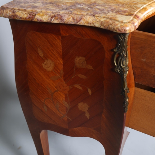 854 - A French marble-topped 3-drawer commode, with inlaid drawer fronts, width 87cm