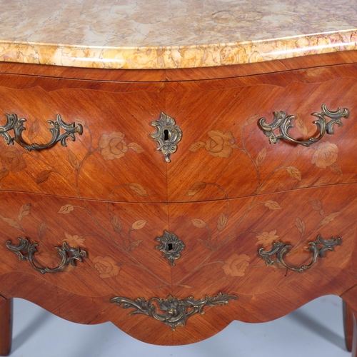 854 - A French marble-topped 3-drawer commode, with inlaid drawer fronts, width 87cm