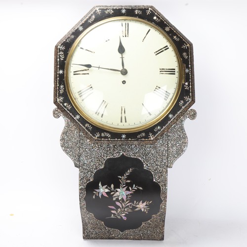 895 - A papier-mache cased wall clock with abalone insert decoration and a fusee movement, height 65cm