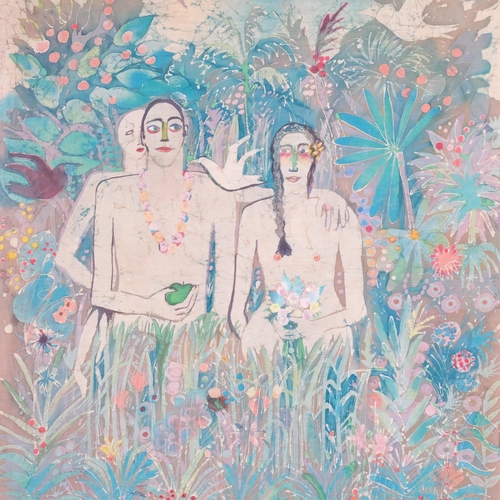 1000 - Kitty French (1929 - 1989), Adam and Eve, wax resist painting on fabric, framed with Exhibition labe... 