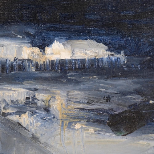 1007 - Alan Rankle, pier lights, 1989, oil on board, inscribed verso, 25cm x 28cm, framed