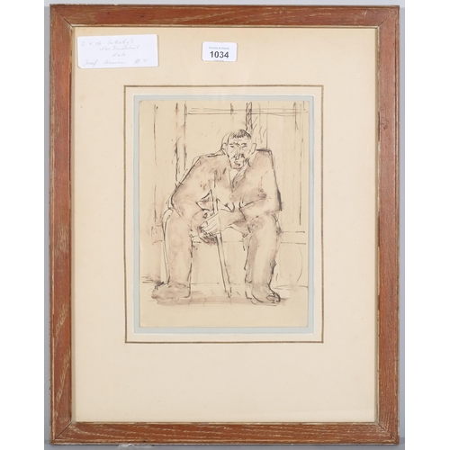 1034 - Attributed Josef Herman (1911 - 2000), seated man, ink and wash, 25cm x 19cm, framed