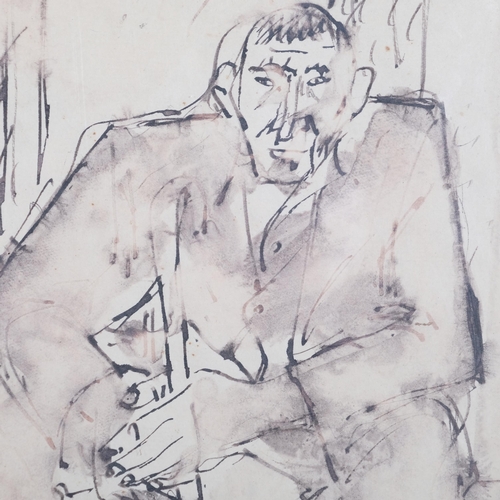 1034 - Attributed Josef Herman (1911 - 2000), seated man, ink and wash, 25cm x 19cm, framed