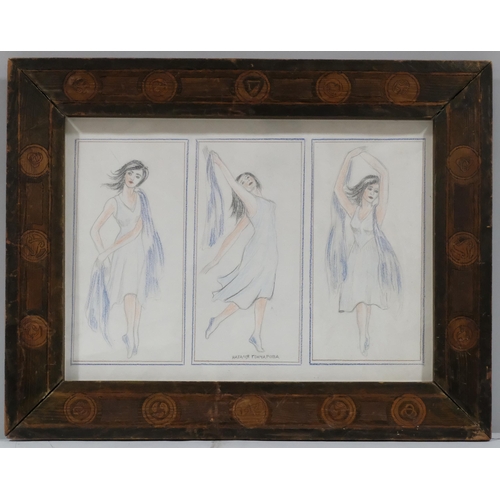 1035 - Nathalie Gontcharova (1881 - 1962), 3 dancers, crayon/pastel on paper, signed, carved wood frame, ov... 