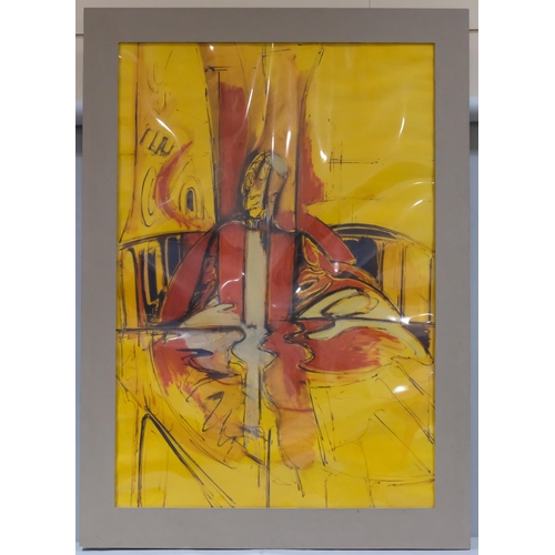 1039 - John Heritage (1931-94) Abstract figure of Pope Pius XII, contemporary watercolour on yellow paper, ... 